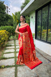 Red Pure Paithani Silk Saree with Traditional Paithani Border and Unique Motif Patterns - Contrast Richly Woven Pallu and Meenakari Motif Blouse.