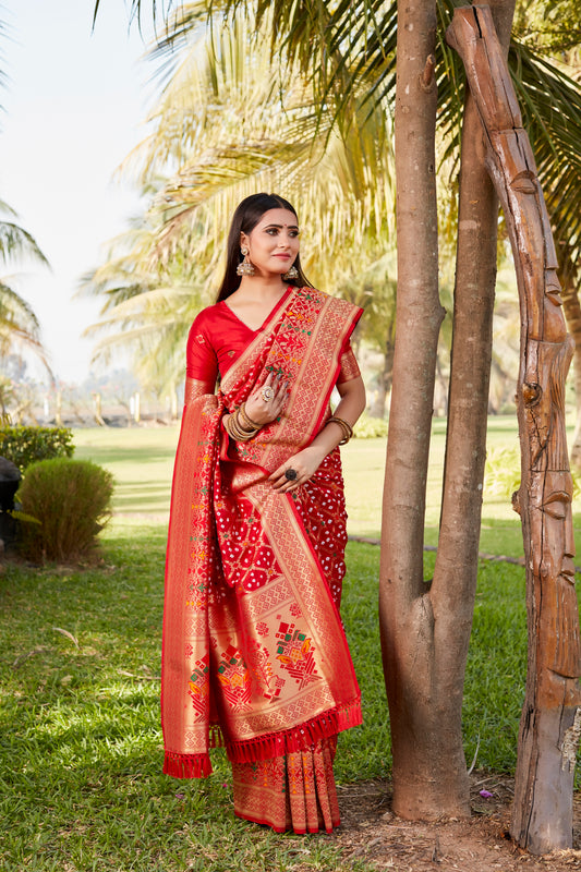 Red Gharchola Bandhej Silk Sarees For Weddings