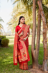 Luxurious Red Gharchola Bandhej Silk Sarees | High-Quality Bandhej with Zari Weaving, Paithani Rich Pallu, and Handmade Blouse.