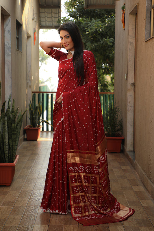 Exquisite Red  Bandhej Silk Saree with Checks Pattern Pallu – Luxurious Handmade Design and Matching Bandhej Blouse.