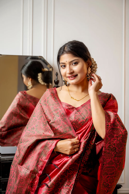 Red Handloom Raw Silk Saree With Blouse For Women