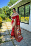 Red Pure Soft Paithani Silk Saree with Rich Woven Paithani Pallu - All-Over 3D Traditional Design Patterns in Gold and Silver Zari.