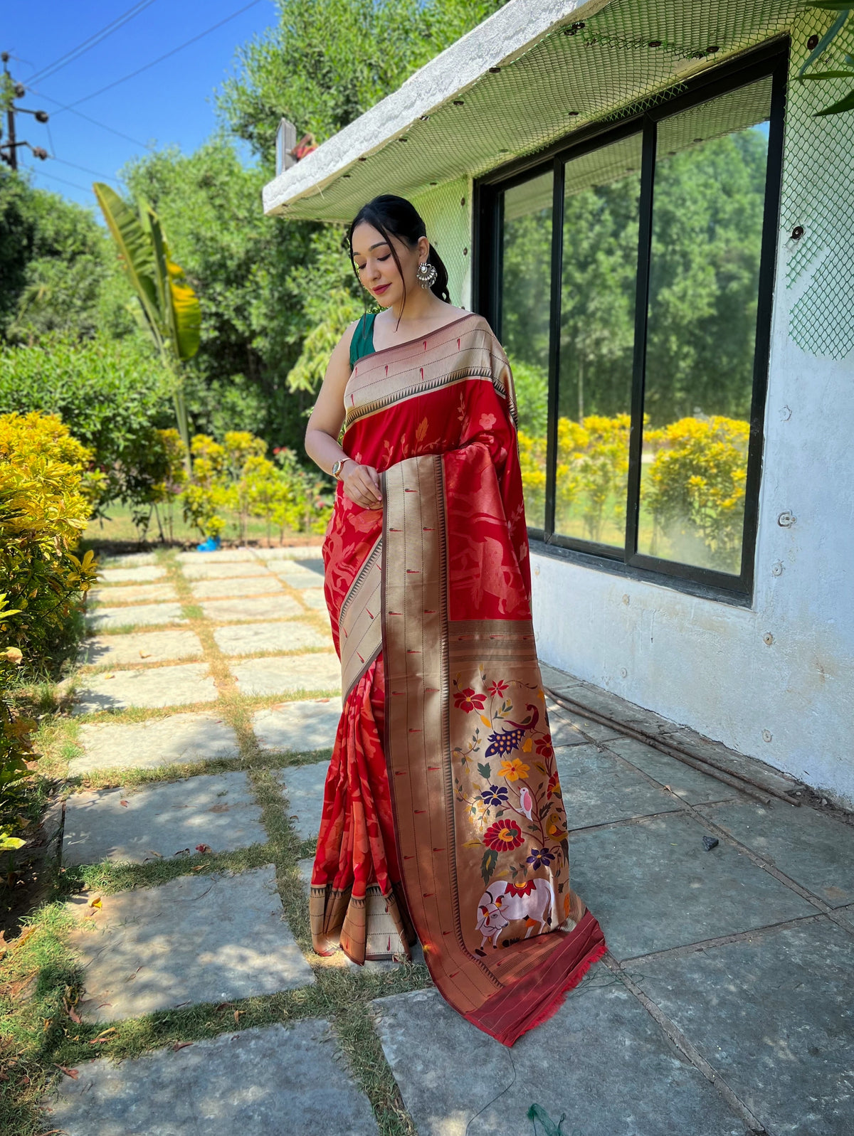 Red Pure Soft Paithani Silk Saree with Rich Woven Paithani Pallu - All-Over 3D Traditional Design Patterns in Gold and Silver Zari.