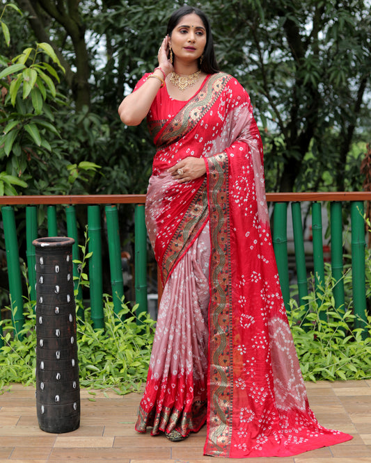 Luxurious Red Dual Colour Bandhej Silk Saree with Zari Weaving and Broad Border – Soft, Lightweight, and Stylish.