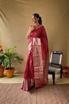 Elegant Red Khicha Checks Saree in Soft Litchi Silk with Rich Pallu, Attractive Border & Exquisite Patterns.