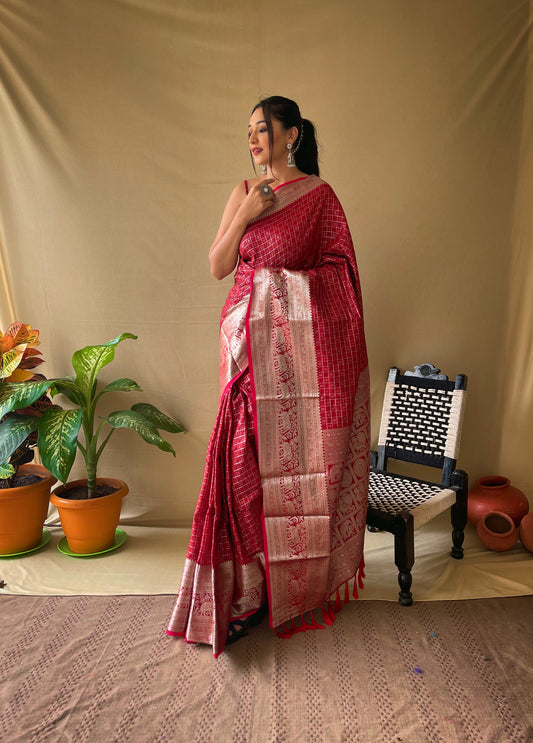 Elegant Red Khicha Checks Saree in Soft Litchi Silk with Rich Pallu, Attractive Border & Exquisite Patterns.