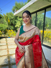 Red Pure Soft Paithani Silk Saree with Rich Woven Paithani Pallu - All-Over 3D Traditional Design Patterns in Gold and Silver Zari.