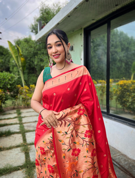 Red Pure Paithani Silk Saree with Meenakari Motif Blouse