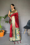 Red Color  Pure Paithani Silk Saree with Rich Woven Pallu, Tassels, and Unique Motif Pattern – Includes Unstitched Blouse Piece.