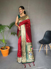 Red Color  Pure Paithani Silk Saree with Rich Woven Pallu, Tassels, and Unique Motif Pattern – Includes Unstitched Blouse Piece.