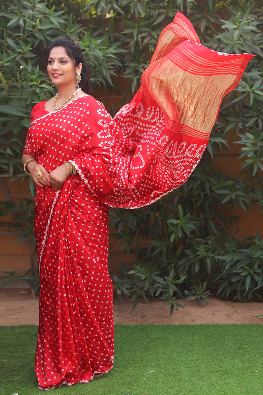 Premium Red Pure Bandhej Silk Saree with Lagdi Patta Zari Weaving & Rich Pallu | Includes Bandhej Design Blouse.