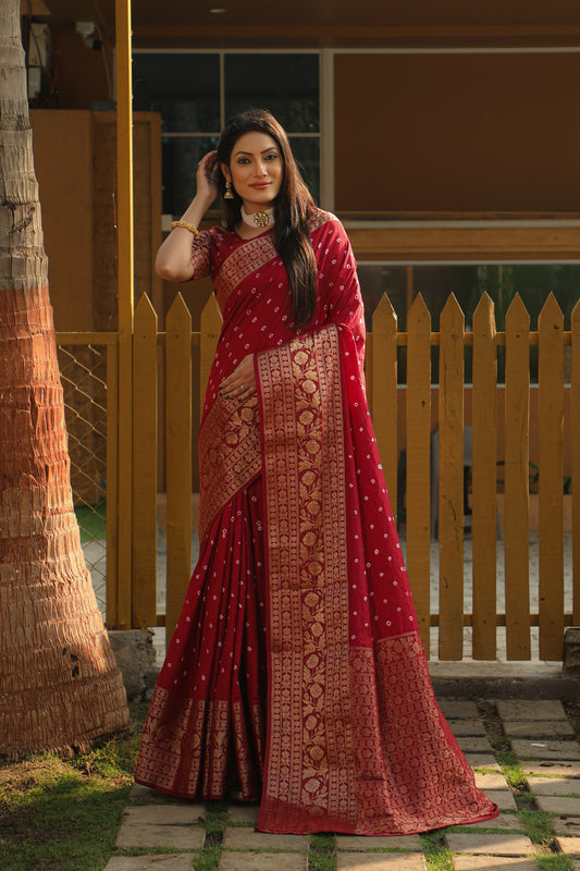 Red Color Handmade Bandhej Kanjivaram Silk Saree