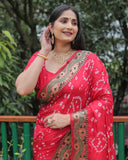 Red Dual Colour Bandhej Silk Lightweight Saree For Weddings