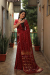 Exquisite Red  Bandhej Silk Saree with Checks Pattern Pallu – Luxurious Handmade Design and Matching Bandhej Blouse.