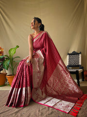 Elegant Red Khicha Checks Saree in Soft Litchi Silk with Rich Pallu, Attractive Border & Exquisite Patterns.