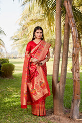 Luxurious Red Gharchola Bandhej Silk Sarees | High-Quality Bandhej with Zari Weaving, Paithani Rich Pallu, and Handmade Blouse.