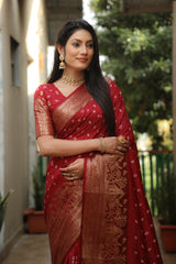 Red Handmade Bandhej Kanjivaram Silk Saree For Wedding