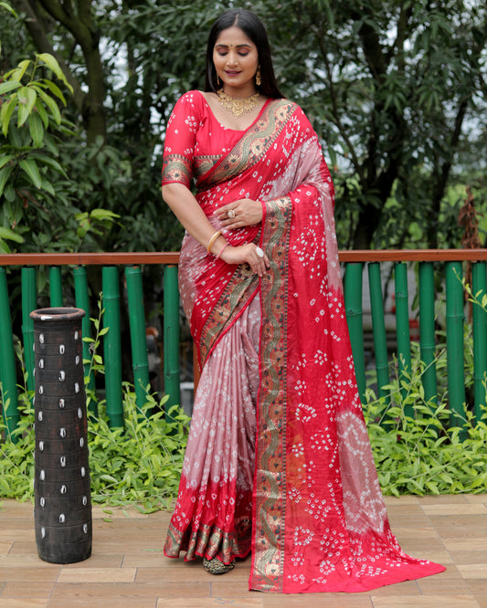 Luxurious Red Dual Colour Bandhej Silk Saree with Zari Weaving and Broad Border – Soft, Lightweight, and Stylish.