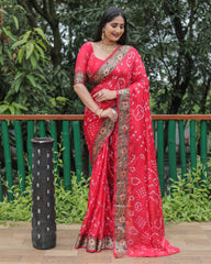 "Premium Red Dual Colour Bandhej Silk Saree with Zari Weaving Border and Bandhej Pallu – Soft, Lightweight, and Stylish.