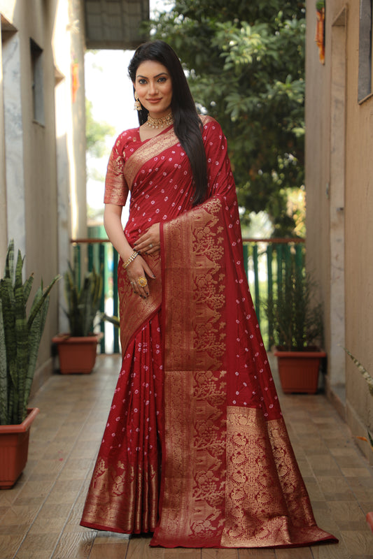 Red Handmade Bandhej Kanjivaram Silk Saree For Wedding