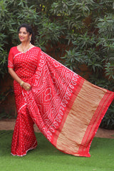 Premium Red Pure Bandhej Silk Saree with Lagdi Patta Zari Weaving & Rich Pallu | Includes Bandhej Design Blouse.