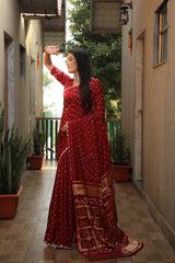 Exquisite Red  Bandhej Silk Saree with Checks Pattern Pallu – Luxurious Handmade Design and Matching Bandhej Blouse.