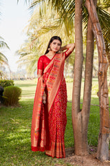 Luxurious Red Gharchola Bandhej Silk Sarees | High-Quality Bandhej with Zari Weaving, Paithani Rich Pallu, and Handmade Blouse.