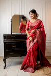 Red Handloom Raw Silk Saree With Blouse For Women