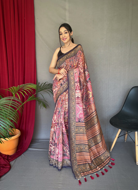 Silly Pink Cotton Sarees with Kashmiri Digital Print