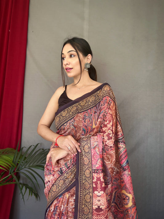 Silly Pink Cotton Sarees with Kashmiri Digital Print