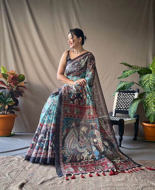 Sky Kalamkari Print Saree