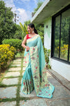 Sky Color Pure Paithani Silk Saree with Traditional Paithani Border and Unique Motif Patterns - Contrast Richly Woven Pallu and Meenakari Motif Blouse.