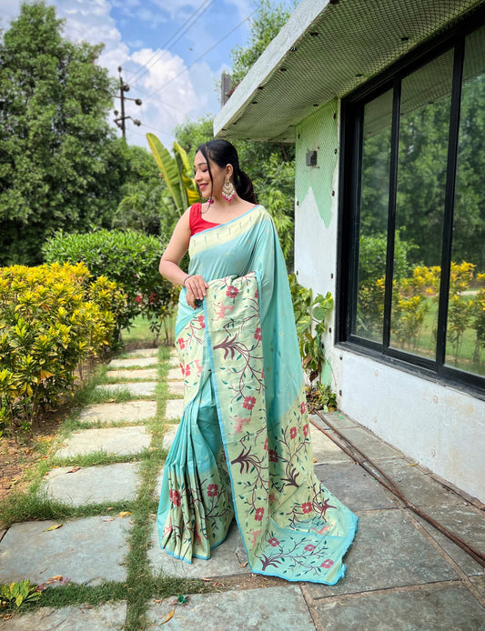 Sky Color Pure Paithani Silk Saree With Meenakari Motif Blouse