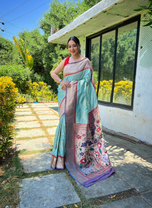 Sky Color Pure Soft Paithani Silk Saree with  Gold and Silver Zari.