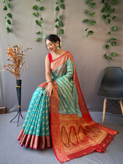 Sky Color Pure Organza Saree with Jacquard Border and Rich Pallu Featuring Luxurious Tassels.