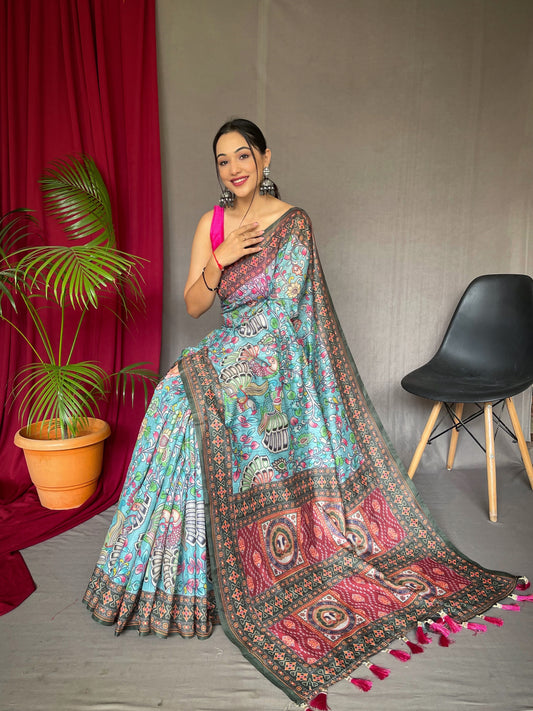 Sky Kalamkari Print Pure Malai Cotton Saree