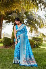 Luxurious Sky  Gharchola Bandhej Silk Sarees | High-Quality Bandhej with Zari Weaving, Paithani Rich Pallu, and Handmade Blouse.