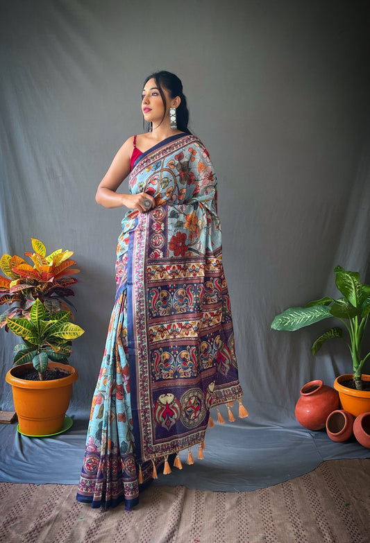 Sky Color Cotton Sarees with Kalamkari Digital Print