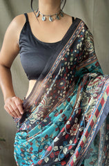 Sky Kalamkari Print Saree