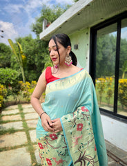 Sky Color Pure Paithani Silk Saree with Traditional Paithani Border and Unique Motif Patterns - Contrast Richly Woven Pallu and Meenakari Motif Blouse.