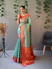 Sky Color Pure Organza Saree with Jacquard Border and Rich Pallu Featuring Luxurious Tassels.