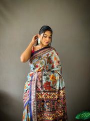 Sky Color Cotton Sarees with Kalamkari Digital Print