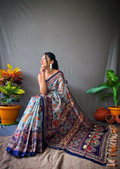 Sky Color Cotton Sarees with Kalamkari Digital Print