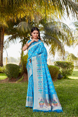 Luxurious Sky  Gharchola Bandhej Silk Sarees | High-Quality Bandhej with Zari Weaving, Paithani Rich Pallu, and Handmade Blouse.