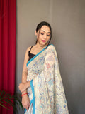 Sky Pure Malai Cotton Saree with Katha Prints