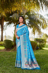 Luxurious Sky  Gharchola Bandhej Silk Sarees | High-Quality Bandhej with Zari Weaving, Paithani Rich Pallu, and Handmade Blouse.