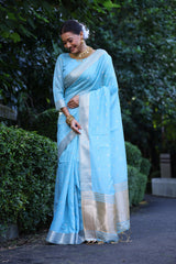 Sky Blue Color Maheshwari Tissue Silk Weaving Saree with Zari Butties, Woven Pallu, Border, and Fancy Tassels - Elegant Traditional Wear.