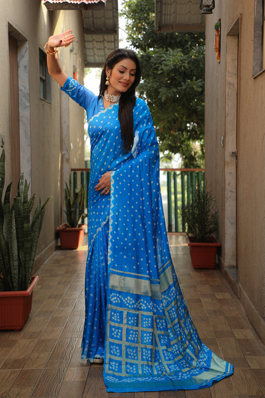 Sky Blue Bandhej Silk Saree with Checks Pattern Pallu