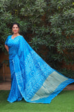 Sky BluePure Bandhej Silk Saree with Lagdi Patta Zari Weaving