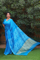 Premium Sky BluePure Bandhej Silk Saree with Lagdi Patta Zari Weaving & Rich Pallu | Includes Bandhej Design Blouse.